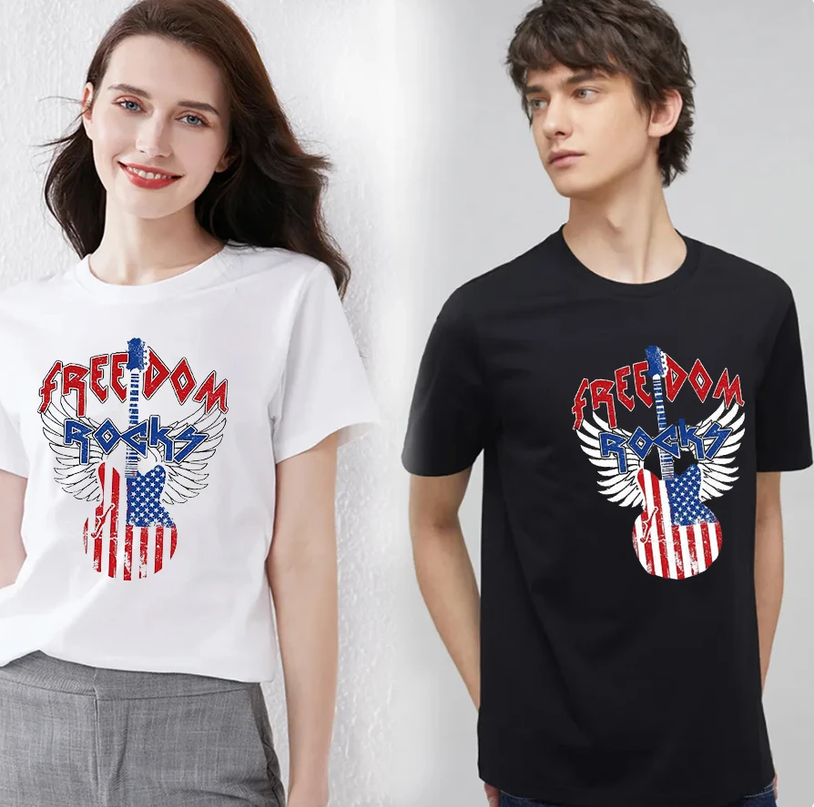 

YRYT Summer Cotton Short Sleeve Women's Dress American Flag Guitar Wings Independence Day Print Short Sleeve T-shirt Woman