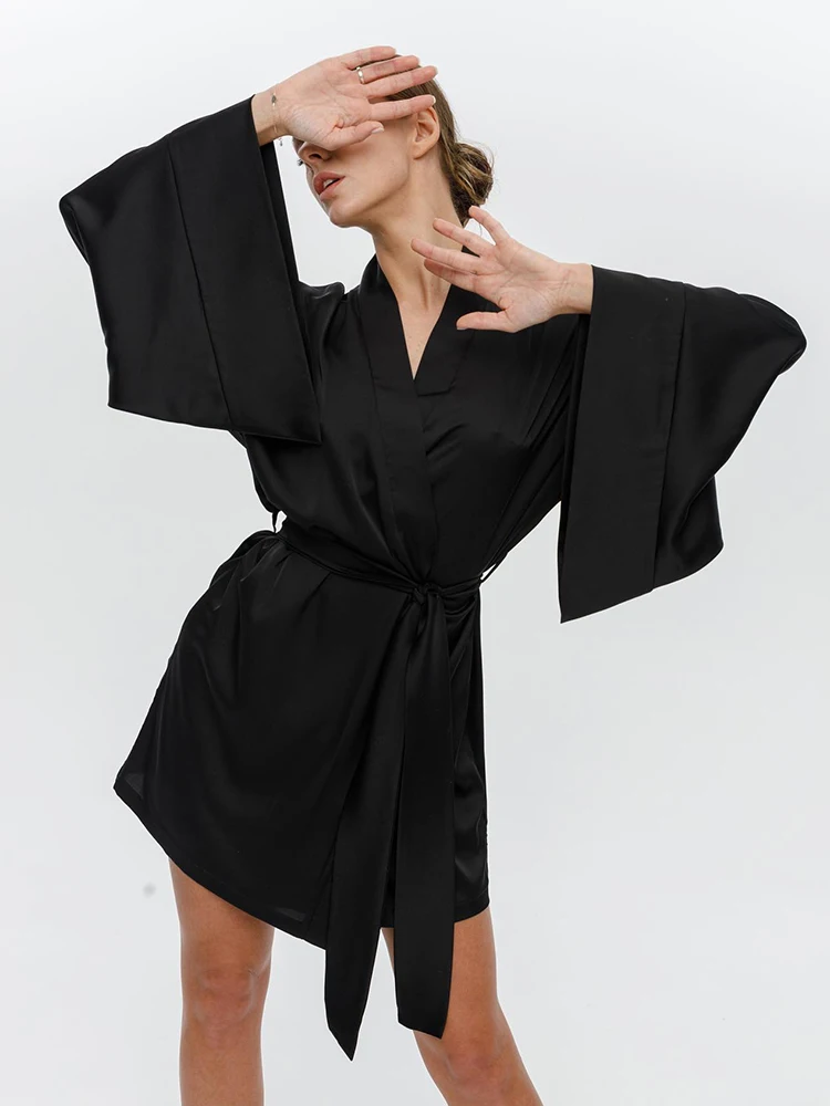 

Restve Flare Sleeve Women Robes With Sashes Satin V Neck Bathrobe Casual Female Home Robe Loose Solid Nightwear Summer 2022