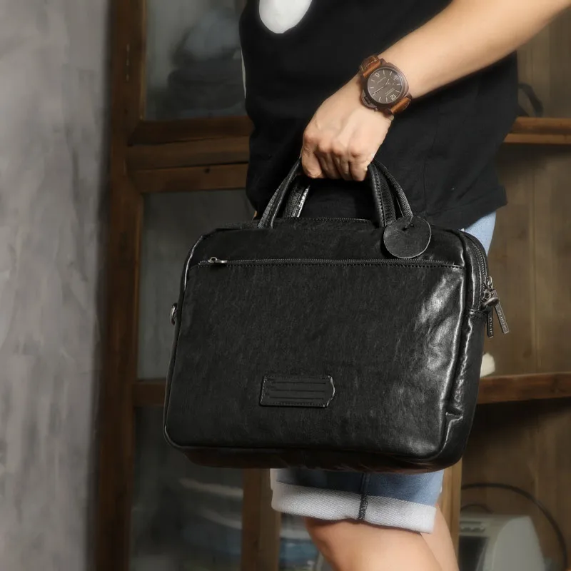 PNDME casual luxury genuine leather men's women's black briefcase business real cowhide laptop handbag travel messenger bag