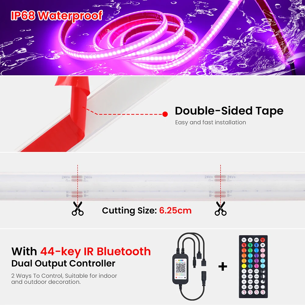 Водонепроницаемая светодиодная лента RGB COB IP68, Wi-Fi, Bluetooth-совместимый пульт дистанционного управления, комплект питания 12 В, 576 светодиодов, гибкая силиконовая трубка, лампа (art.: 3920d1cff98c8) - 3920d1cff98c8
