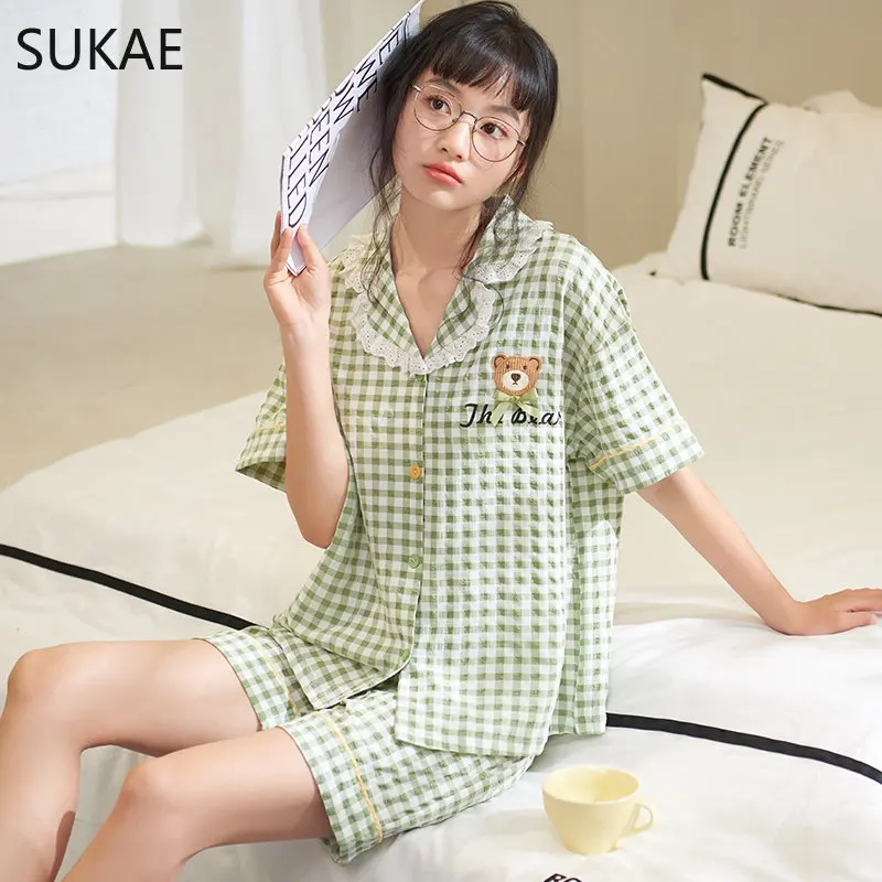 

Japanese Fresh Woman's Pajamas Summer Shorts Wrinkled Bubble Sleepwear for Girl Pretty Women Cardigan Pijamas Leisure Loungewear