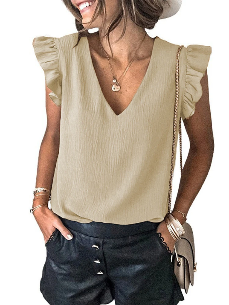 

Женская блузка с оборками на рукавах и V-образным вырезом, элегантный однотонный пуловер, Офисная Женская свободная повседневная футболка, ...