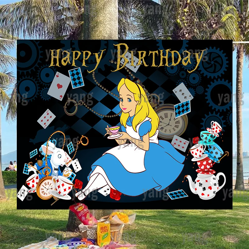 

Alice In Wonderland Backdrop Happy Girl Baby Shower Birthday Cartoon Romantic Disney Playing CARDS Decoration Backgrounds Banner