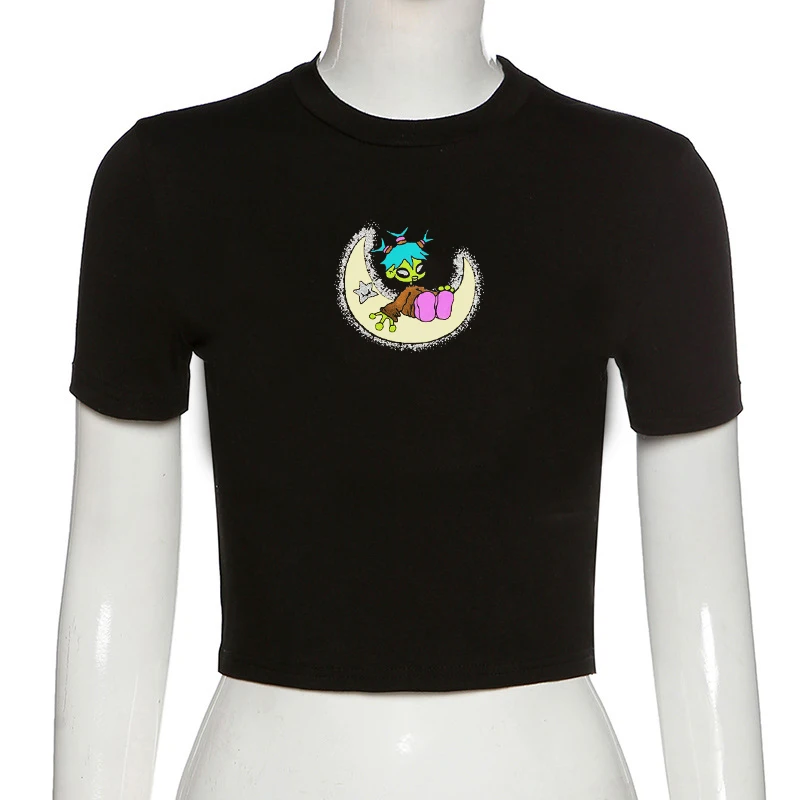 

Футболка Alien Girl Женская с принтом в готическом стиле, черный кроп-топ в стиле панк, модная уличная футболка в стиле Харадзюку, рубашка в стиле хип-хоп, на лето