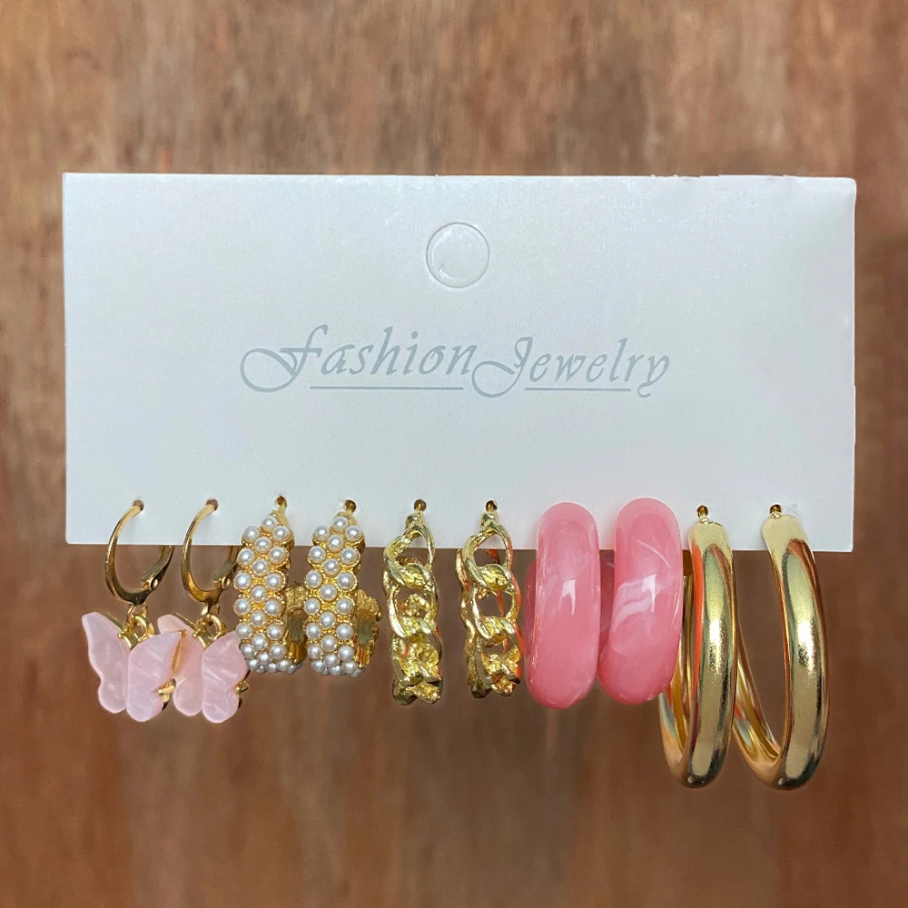 IFMIA милые розовые серьги-кольца из смолы в форме бабочки золотого цвета сердца