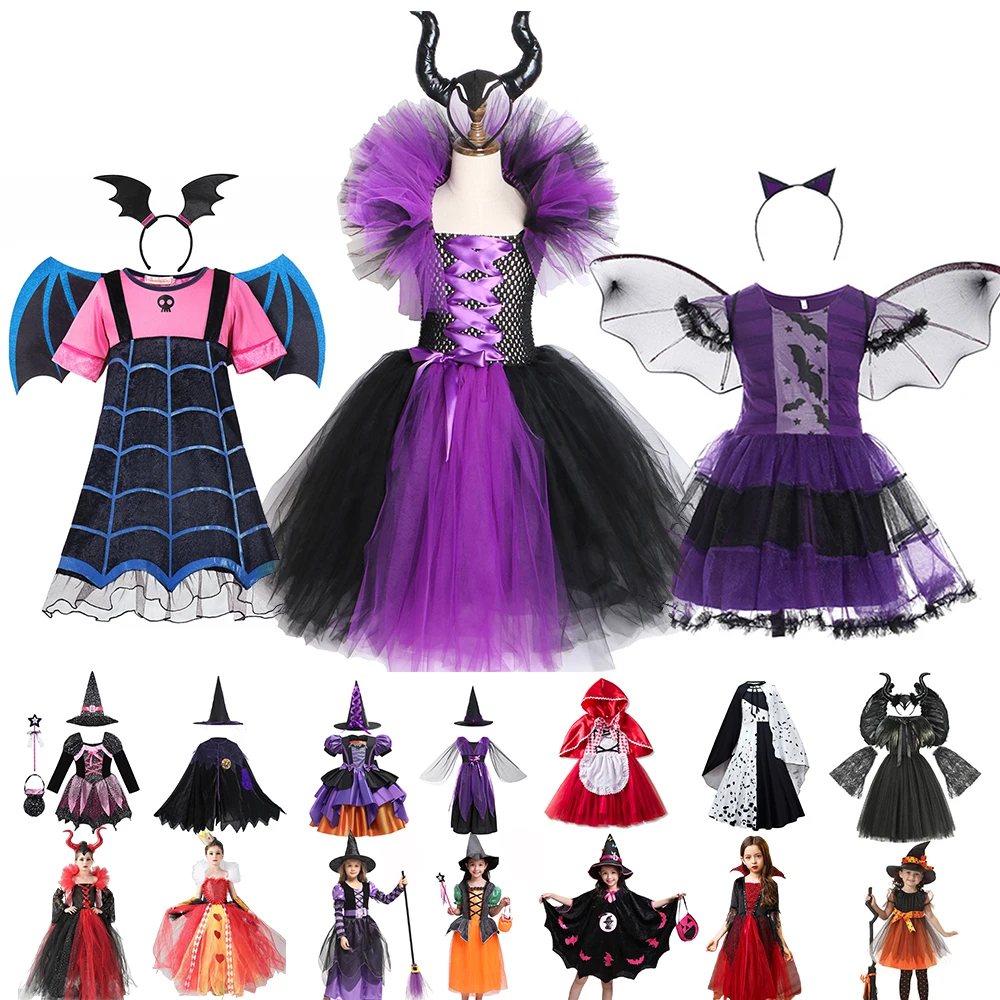 

DISNEY Vampirina Dress up Girls Villain Maleficent Tutu Dress Kids Halloween Witch Costume With Hat Toddler Evil Queen Disguise