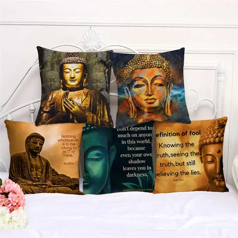 

Buddha Statue Buddhism Shakyamuni Draw Pillowcase 45*45cm Home Decor Throw Pillow Covers Linen/Cotton Cushion Cover Decoration