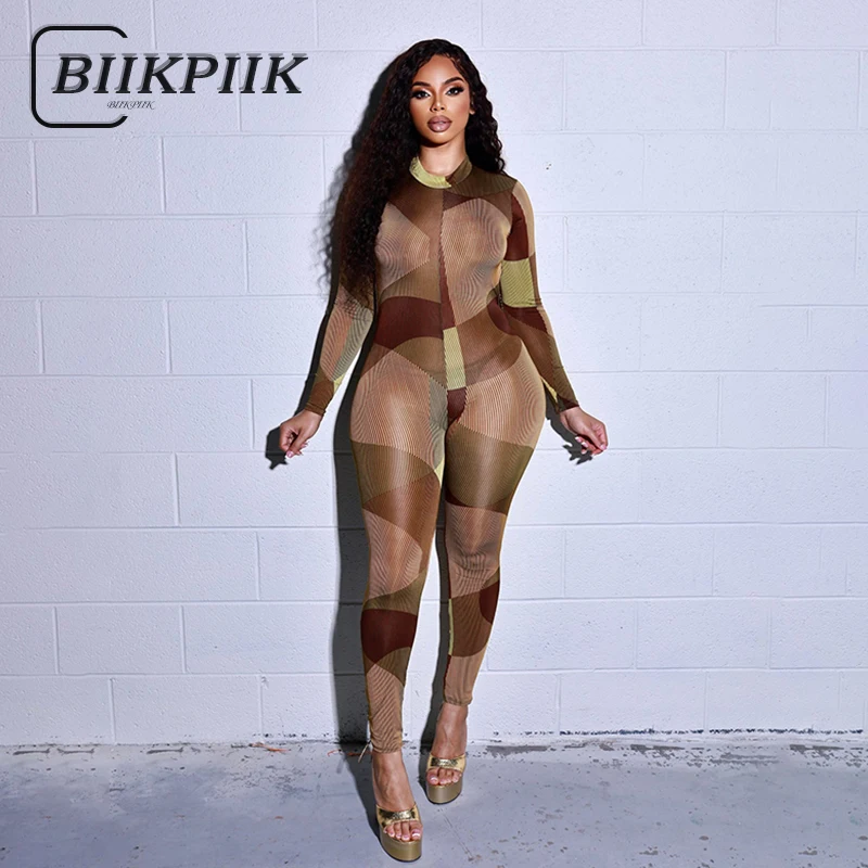 

BIIKPIIK Print Sexy Mesh Jumpsuits Long Sleeve O Neck Skinny Casual Basic Jumpsuit Women Fashion Aesthetic Overall Autumn Outfit