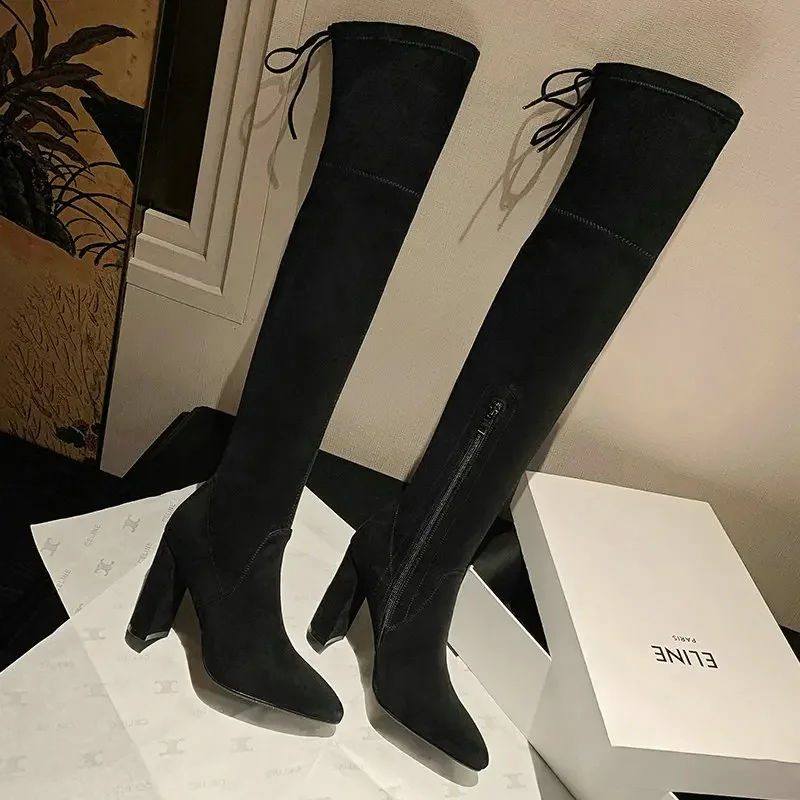 Замша нубук кожа блочный высокий каблук сексуальные женские выше колена носки