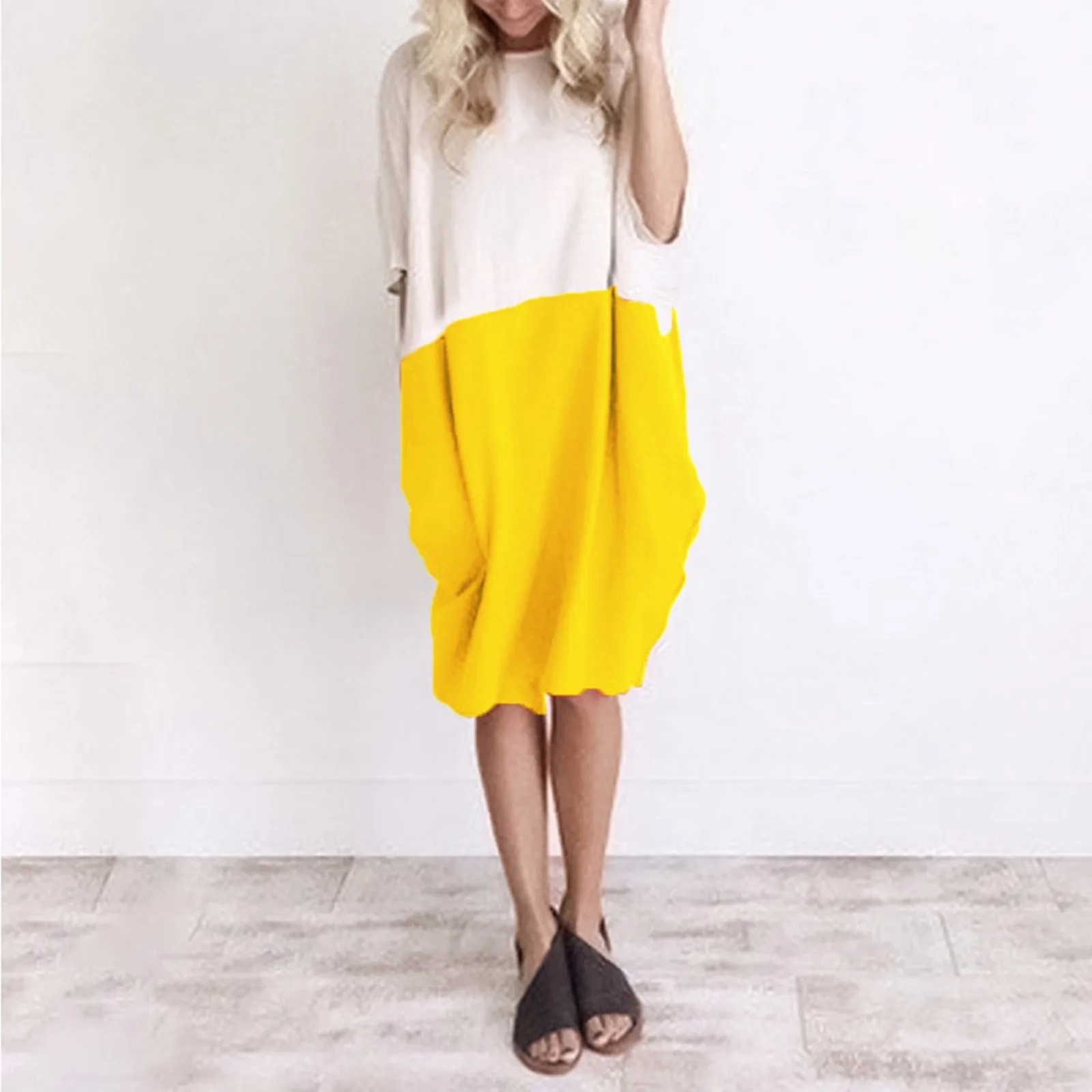 

Summer Dresses For Women 2022 Casual Color Block Solid Short Sleeve T shirt Dress Loose Cotton Linen Pocket Loose Oversized Robe