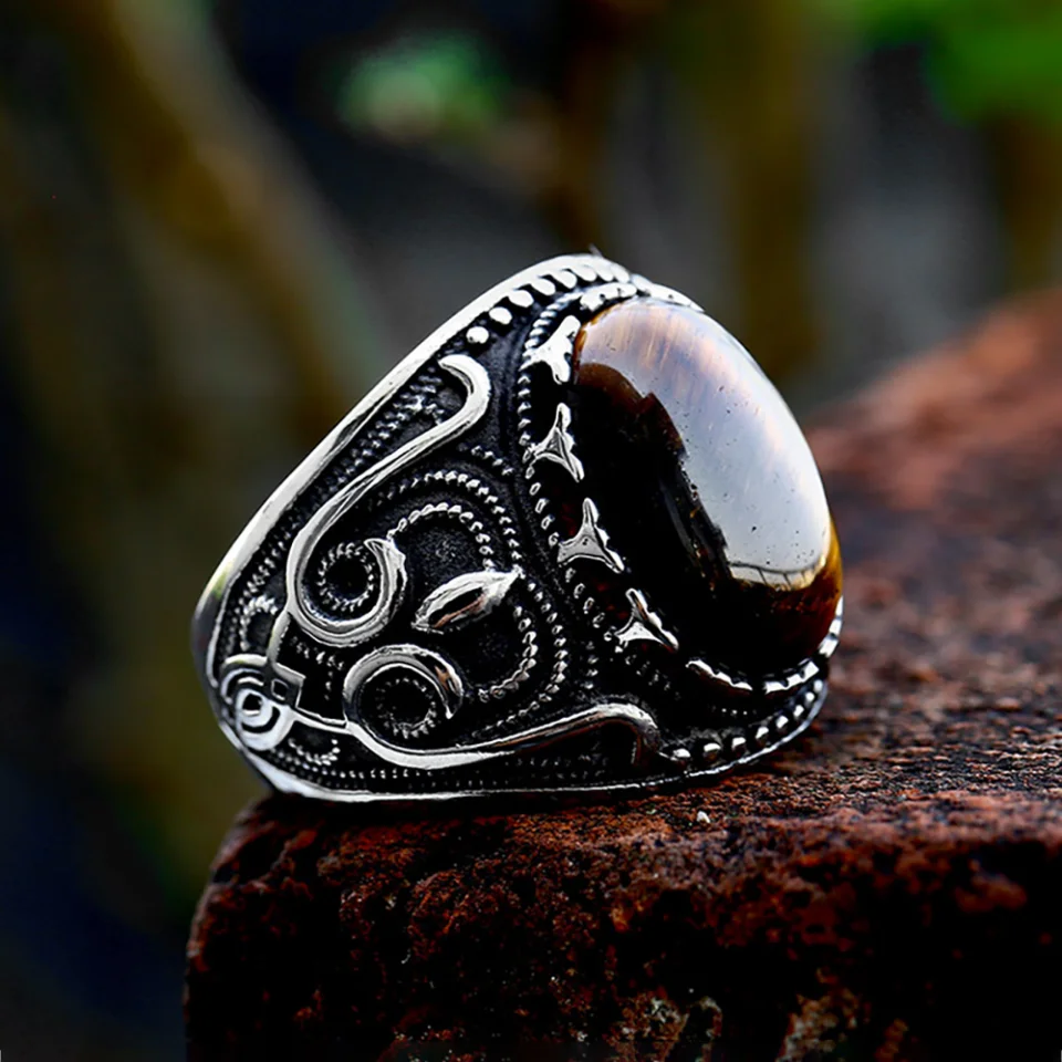 

Punk Vintage Men's Oval Brown Stone Rings Stainless Steel Biker Fashion Carved Rings Natural Stone Amulet Jewelry Dropshipping