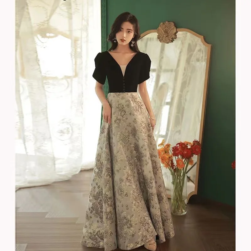 

Женское кружевное платье-трапеция, элегантное бальное платье до пола с вышивкой, коротким рукавом и V-образным вырезом, бальное платье для вечевечерние и выпускного вечера