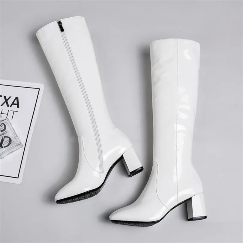 Big Size Women Knee High Boots Red Black Patent Leather Block Heels Party Office Lady Square Toe Autumn Winter Zipper Long Shoes