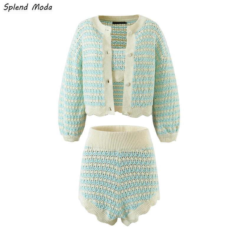 

2021 Autumn Knitted Striped Suit O-Neck Single-Breasted Puff Sleeve Cardigan + Elastic Waist Shorts + Slim Top Suspenders Women