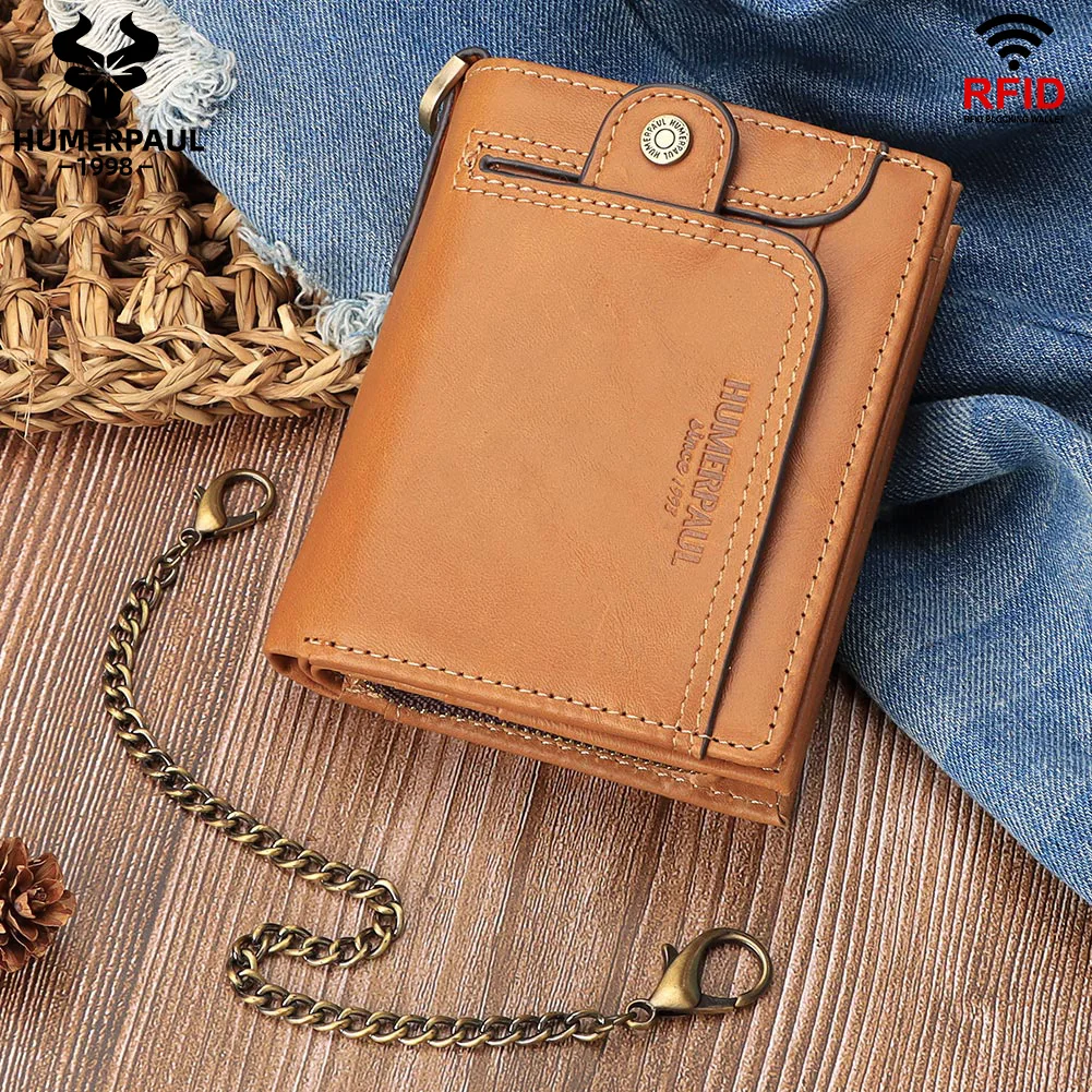 

HUMERPAUL Genuine Leather Men Wallets Coin Pocket Hasp Male Bussiness RFID Card Holder High Quality Short Money Bag Cartera