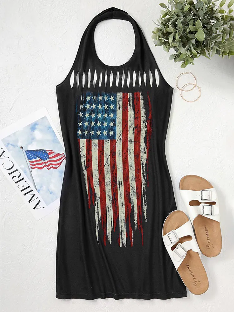 

American Flag Hollow Out Halter Mini Dress Women Sexy O Neck Spaghetti Strap Mini Dress Casual Beach Dresses Vestido Mujer