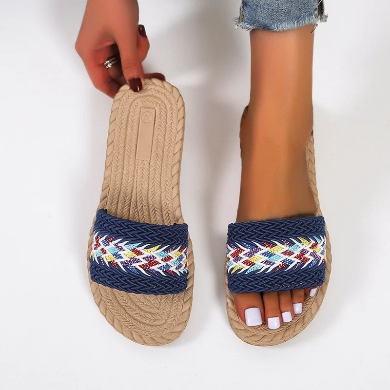

Women Flax House Slippers Summer Casual Slides Beach Shoes Ladies Indoor Linen Slippers Bohemia Floral Bow Flip Flops Sandals