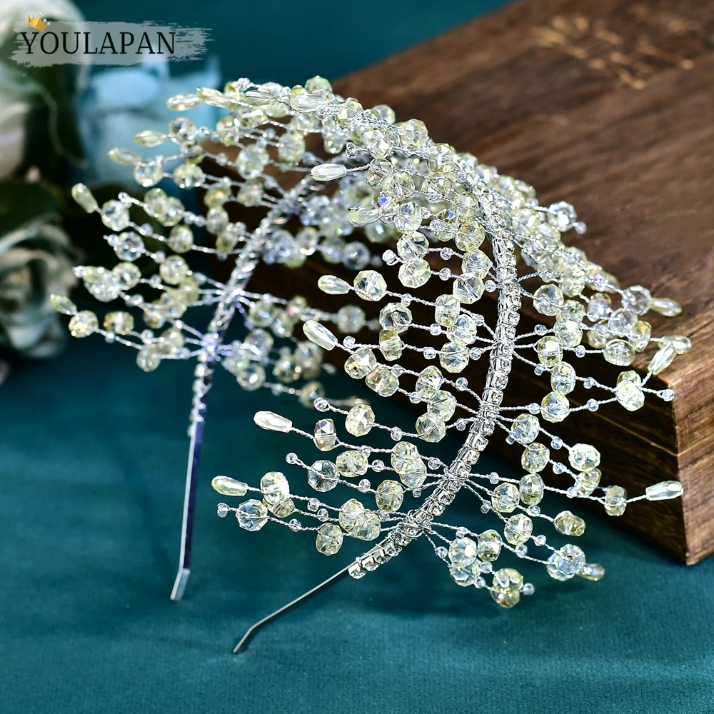 Фото YouLaPan Роскошный свадебный головной убор с кристаллами, ручной работы, украшенный бусинами, широкий ободок для свадьбы, вечернего мероприятия, аксессуар для волос A200 №3