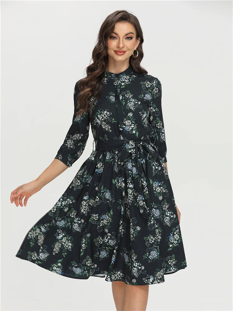 

2022 New Floral Print A-Line Vintage Dresses Women Autumn 3/4 Sleeve Elegant Party Vestidos Daily O Neck Casual Ladies Clothes
