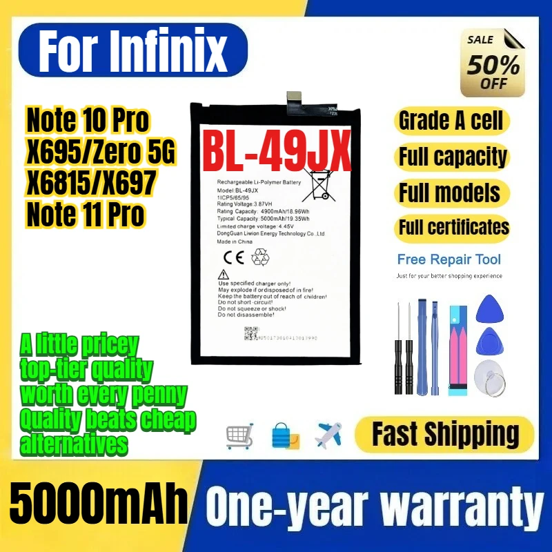 Фото BL-49JX для Infinix Note 10 Pro/X695/Zero 5G/X6815/X697/Note 11 Pro. Замена аккумулятора для телефона. Аккумулятор класса А с инструментами. №1