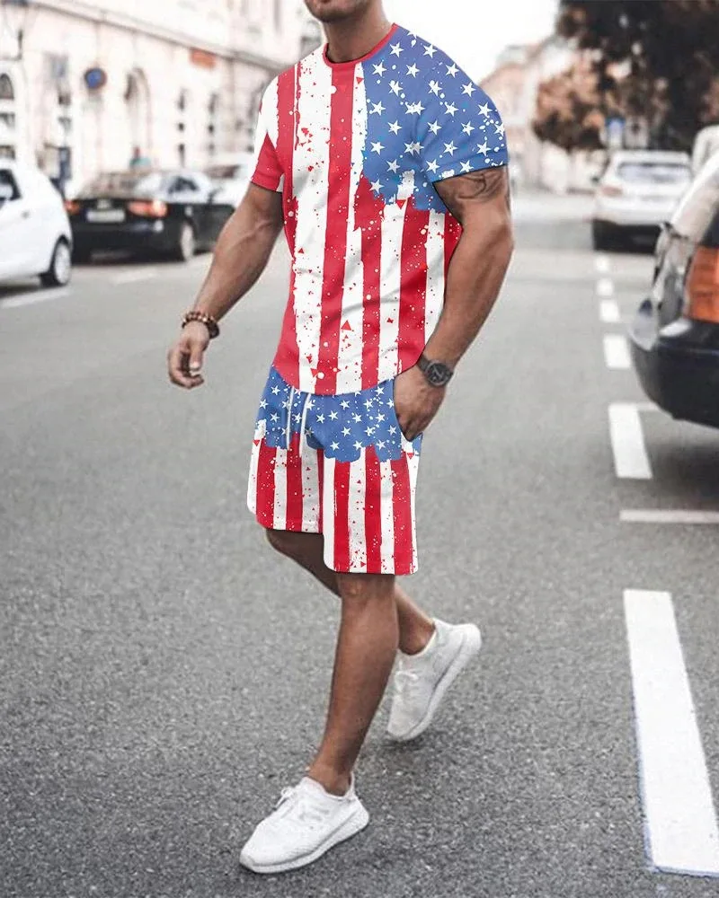 USA Flag Pattern Summer Tracksuit Men American T Shirt Set Make America Two Piece Set Outfit Male Clothing Shorts Oversized Suit