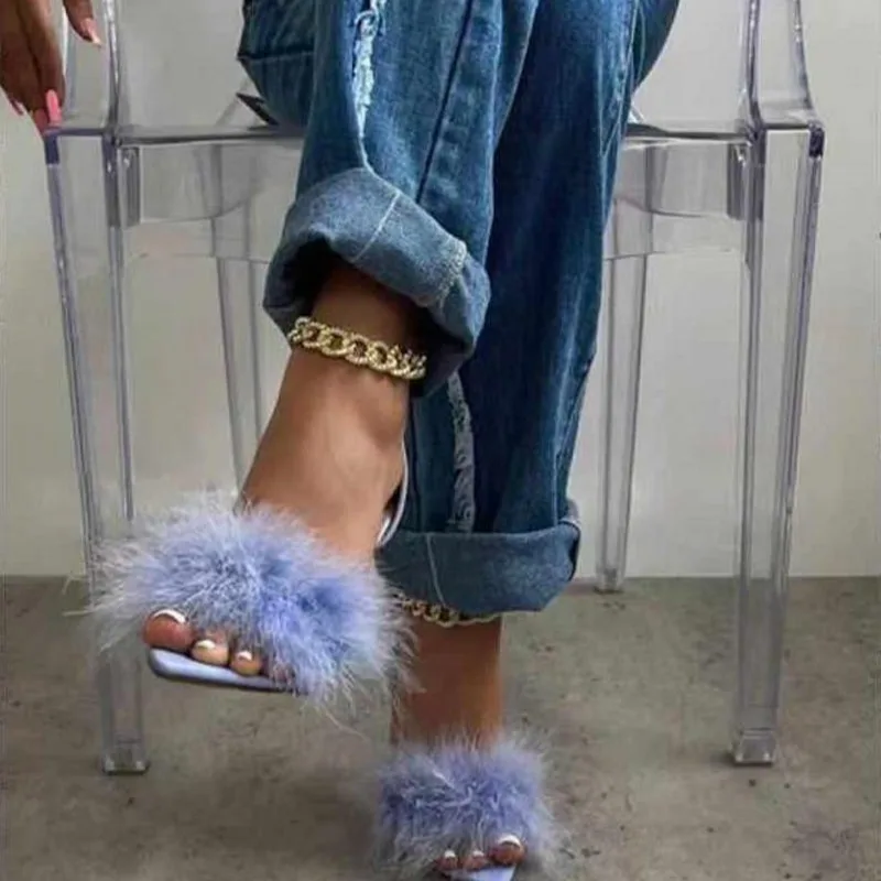 

Women Pointed Toe Gold Chain Fur High Heels Casual Female Solid Color Thin Heel Zipper Elegant High Heels Pumps