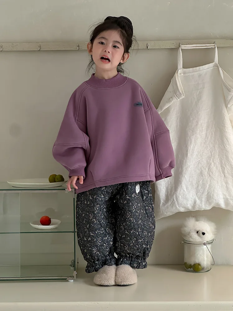 2024 Winter New Children Half High Collar Fleece Sweatshirt Cartoon Print Boys Girls Plus Velvet Thick Pullover Kids Clothes