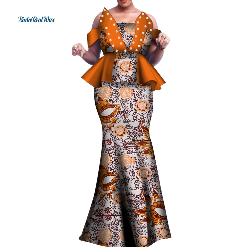 African Print Ruffles Top and Skirts Sets for Women Bazin Riche African Women Clothing 2 Pieces Skirts Sets Custom WY3800