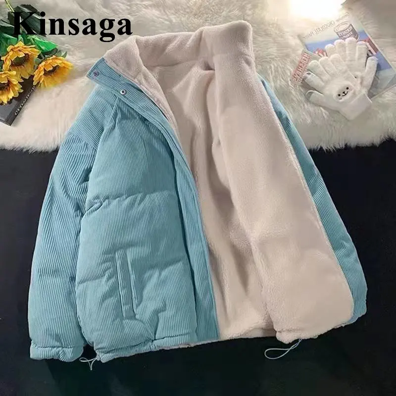 

Oversized Reversible Imitation Lamb Wool Parkas Coats Winter Thicken Warm Cotton Down Women Street Stand Collar Puffer Jackets