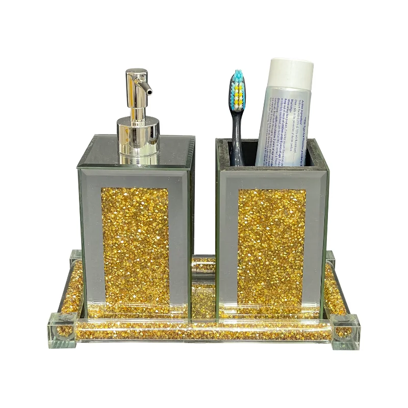 

Ambrose Exquisite 3 Piece Square Soap Dispenser and Toothbrush Holder with Tray Gold Glass [US Stock]