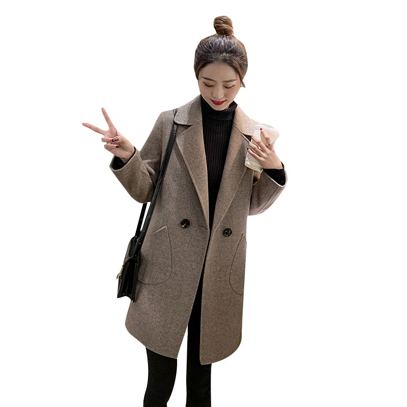 

Fashion New Woolen Coat Women Mid-Length Double Breasted Pocket Clothes Autumn Winter Long-Sleeve Solid Wool Jacket Female H902