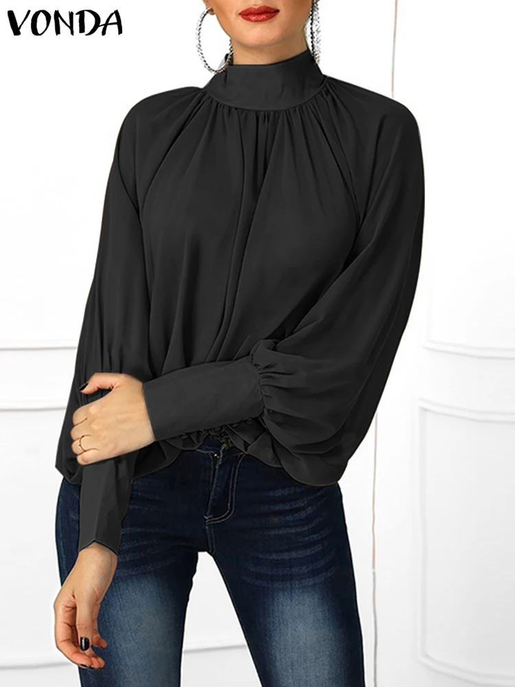 

Элегантная блузка VONDA с длинным рукавом-фонариком, женские модные однотонные рубашки 2023, повседневные свободные туники, топы с высоким воро...