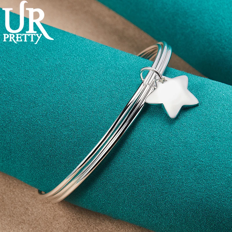 

925 Sterling Silver Three Ring Star Pendant Bangle Bracelet For Women Party Gift Engagement Wedding Fashion Jewelry