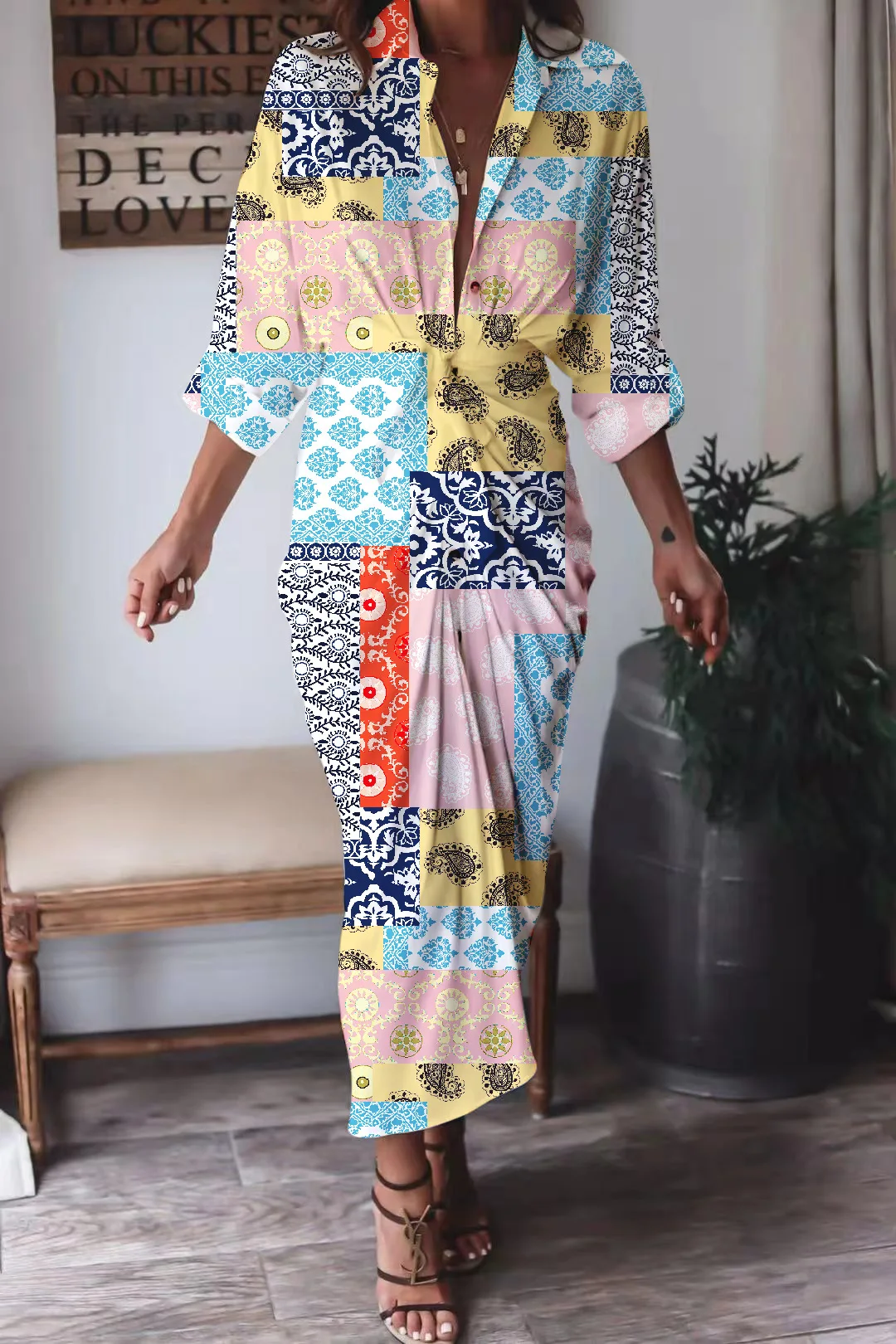 

SuperAen 2022 Spring/Autumn Printing Full Satin Stand Turn Down Collar Shirt Straight Dresses for Women