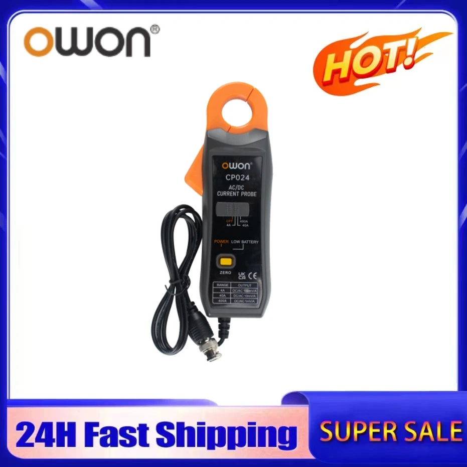 

OWON CP024 DC AC Current Probe for Digital Storage Oscilloscope 4A to 400A 200kHz Bandwidth 23mm Jaw Three-Gear Current Clamp