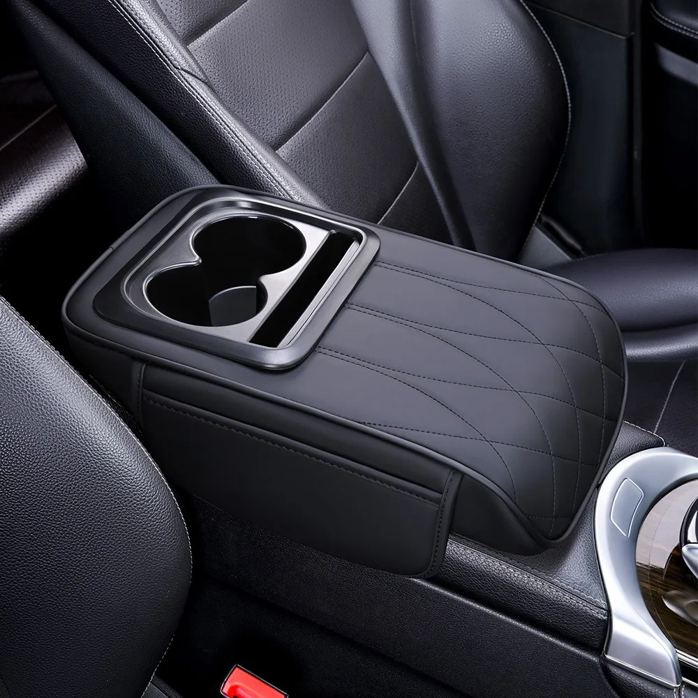 

Портативная подушка для подлокотника центральной консоли из искусственной кожи, многофункциональная подушка для подлокотника автомобиля, увеличивающая высоту с подстаканником