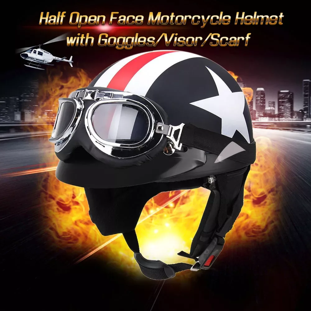 

Half Open Face Motorcycle Helmet with Goggles Visor Scarf Biker Scooter Touring Helmet Classic Star And Stripes Pattern