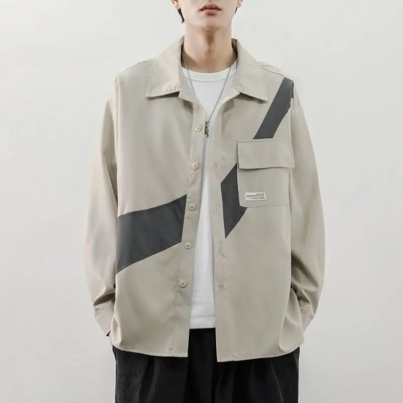 

Spring Japanese Patchwork Long Sleeve Shirt Men's Loose Vintage Versatile Fashion Brand INS Student Pocket Shirt Jacket