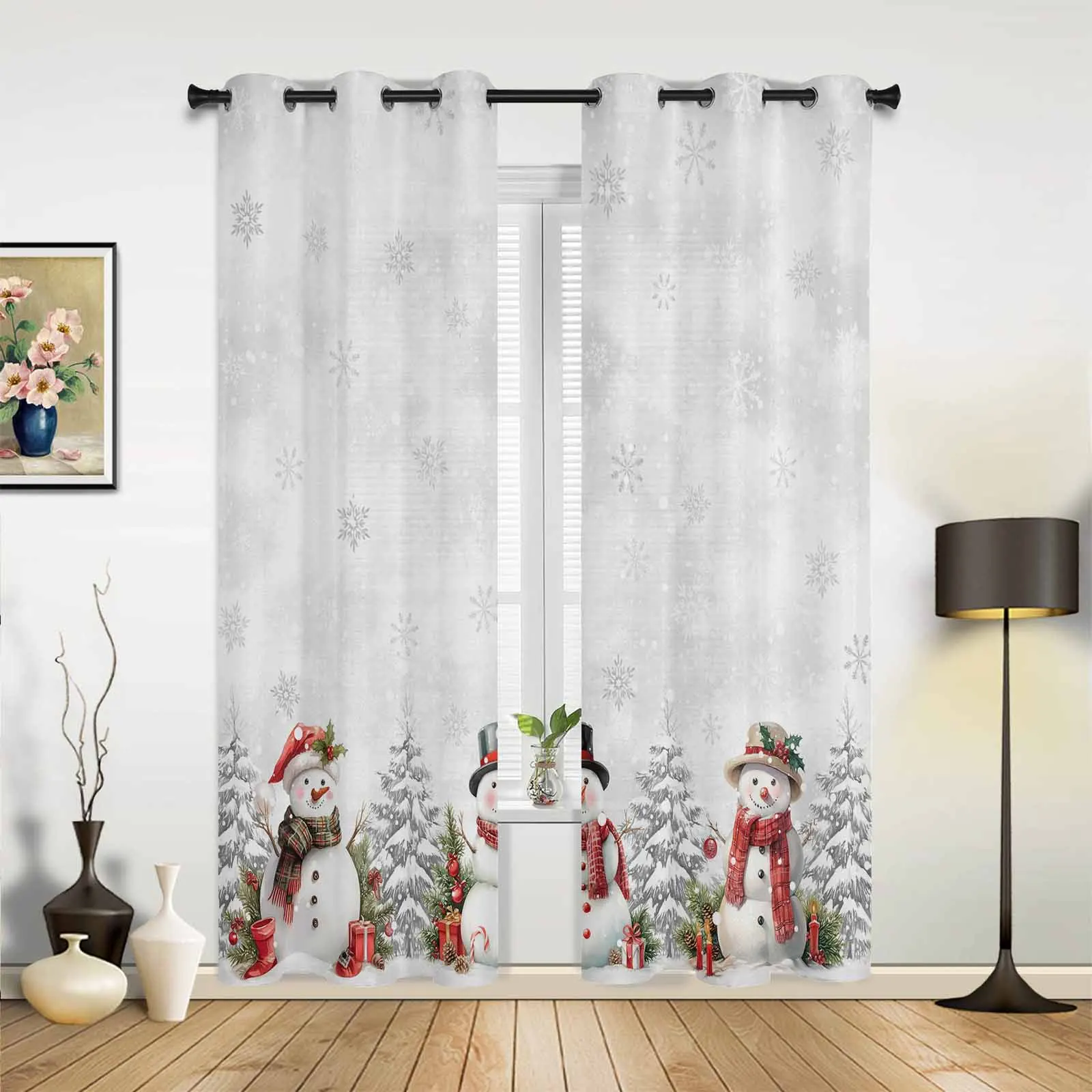 Рождественская елка снежный пейзаж снежинка снеговик шторы с принтом для