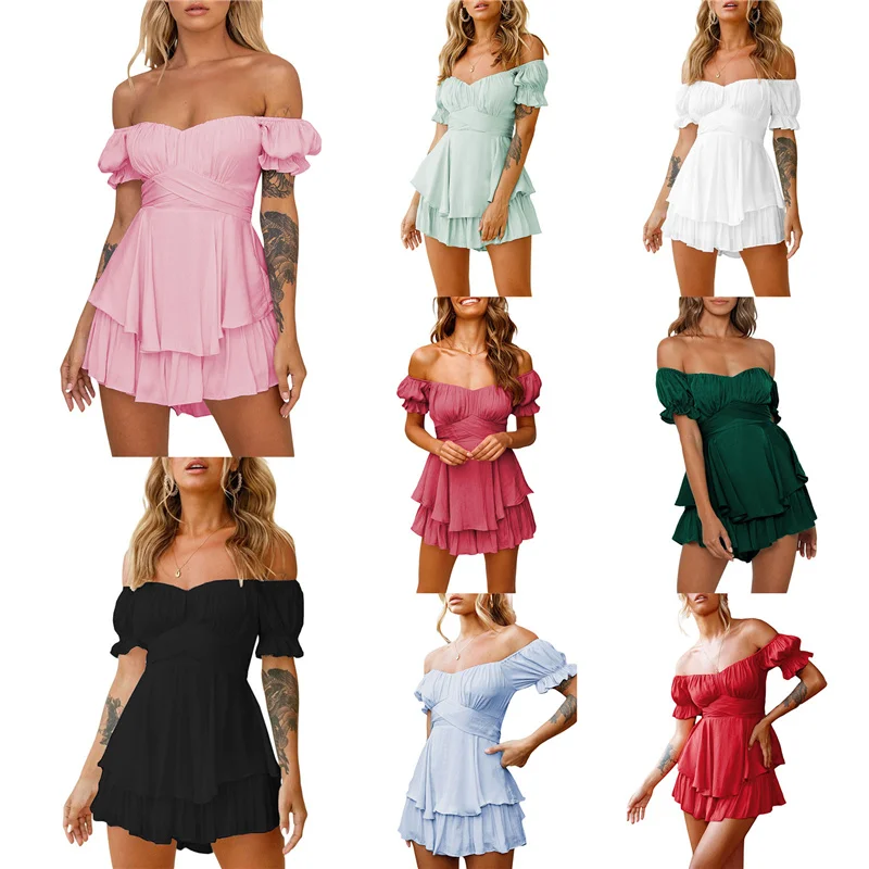 

Women Short Jumpsuit, Short Sleeve Off-shoulder Solid Color Summer Romper Playsuit for Party Club
