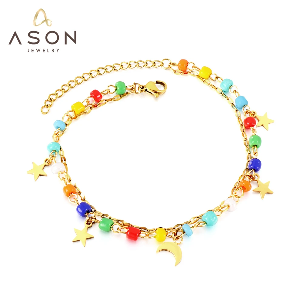 

ASONSTEEL Trendy Mixed Color Beads Moon And Star Accessories Multi-layer Chains Anklet Gold Color Stainless Steel For Women Gift