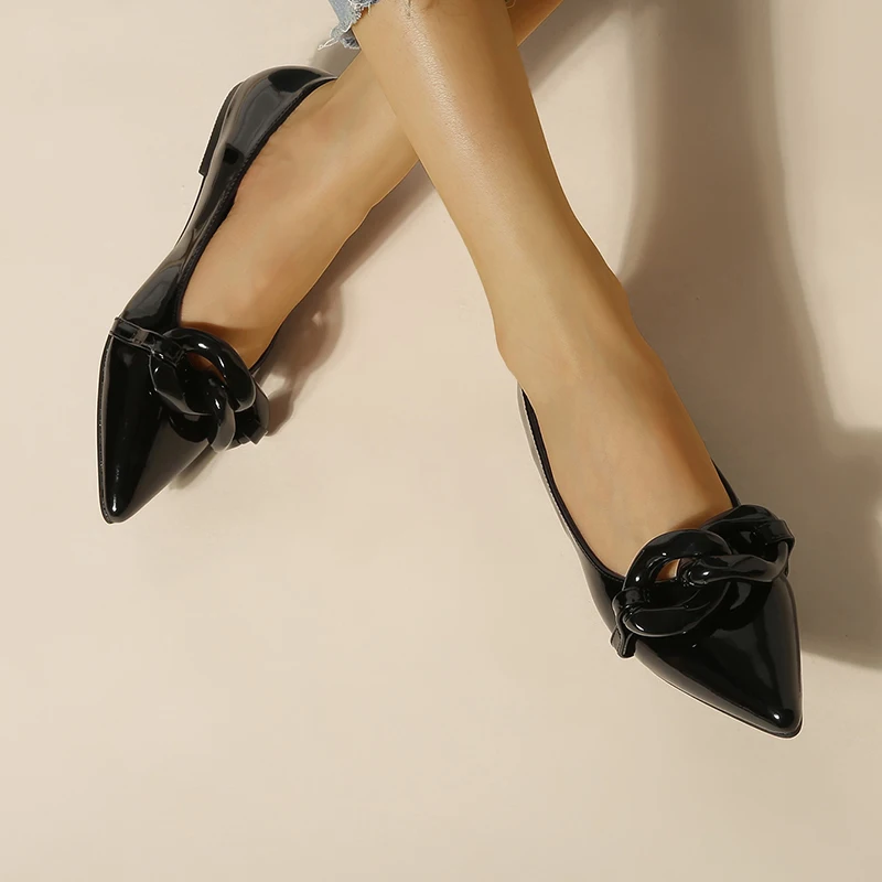 ZOOKERLIN Pointed Toe Patent Leather Women's Shoes Flats Shoes Fashion Chain Pumps Dress Shoes Slip On Simple Solid Color Ladies