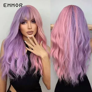 Emmor Synthetic Ombre Red to Purpre Wigs Natural Heat Resistant  Wigs for Women Long Body Water Wave Wig with Bangs Cosplay Wigs