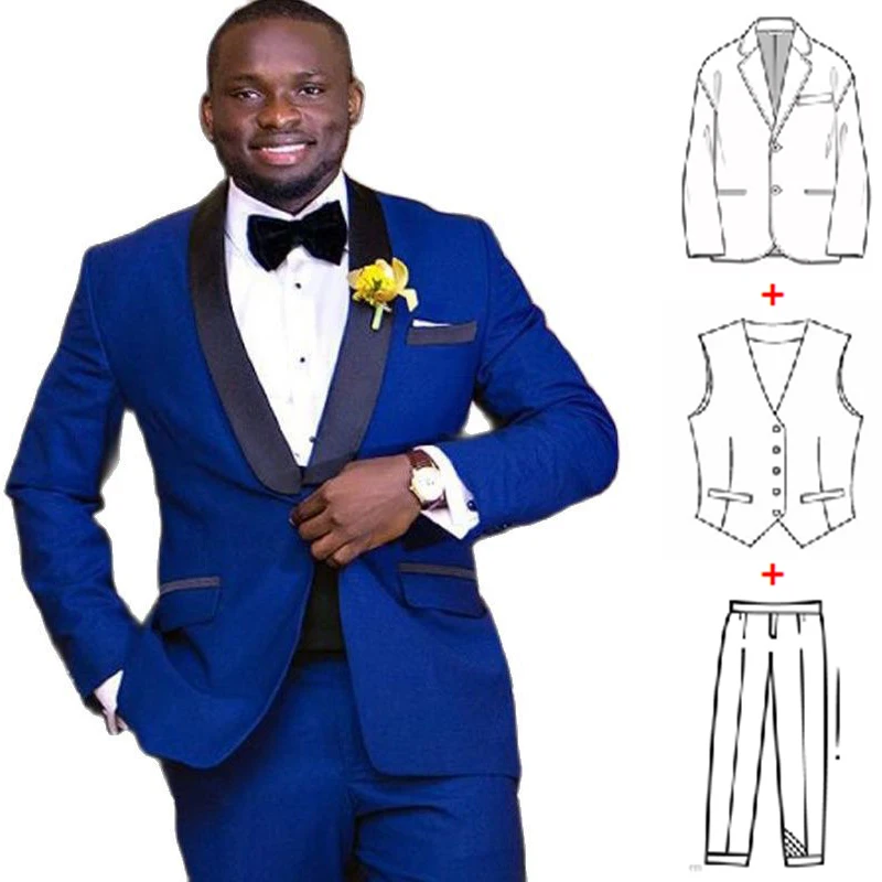Royal Blue African Wedding Tuxedo for Groom Slim Fit Men Suits with Black Shawl Lapel 3 Piece Male Fashon Jacket Vest Pants