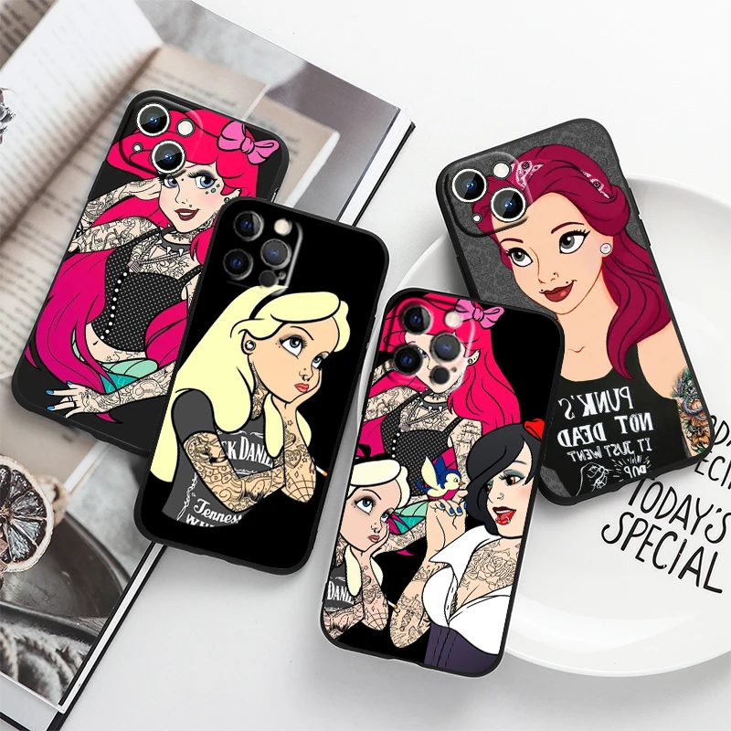 

Punk princess Disney Cool For Apple iPhone 14 13 12 11 Pro Max Mini XS Max X XR 6S 6 7 8 Plus 5S SE2020 Soft Black Phone Case