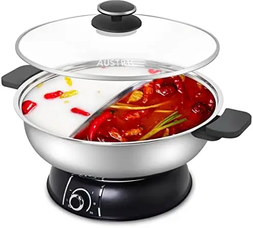 

Shabu Shabu Hot Pot, 304 Stainless Steel Hot Pot with Divider pot with Tempered Glass Lid for Party, Family Gathering,5L large