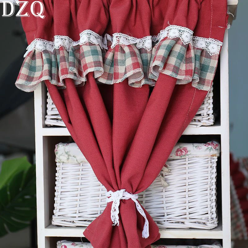 

Linen and Cotton American Retro Red Lattice Short Curtains Living Room Rural Plaid Ruffle Half Curtains Cloth for Kitchen #A226