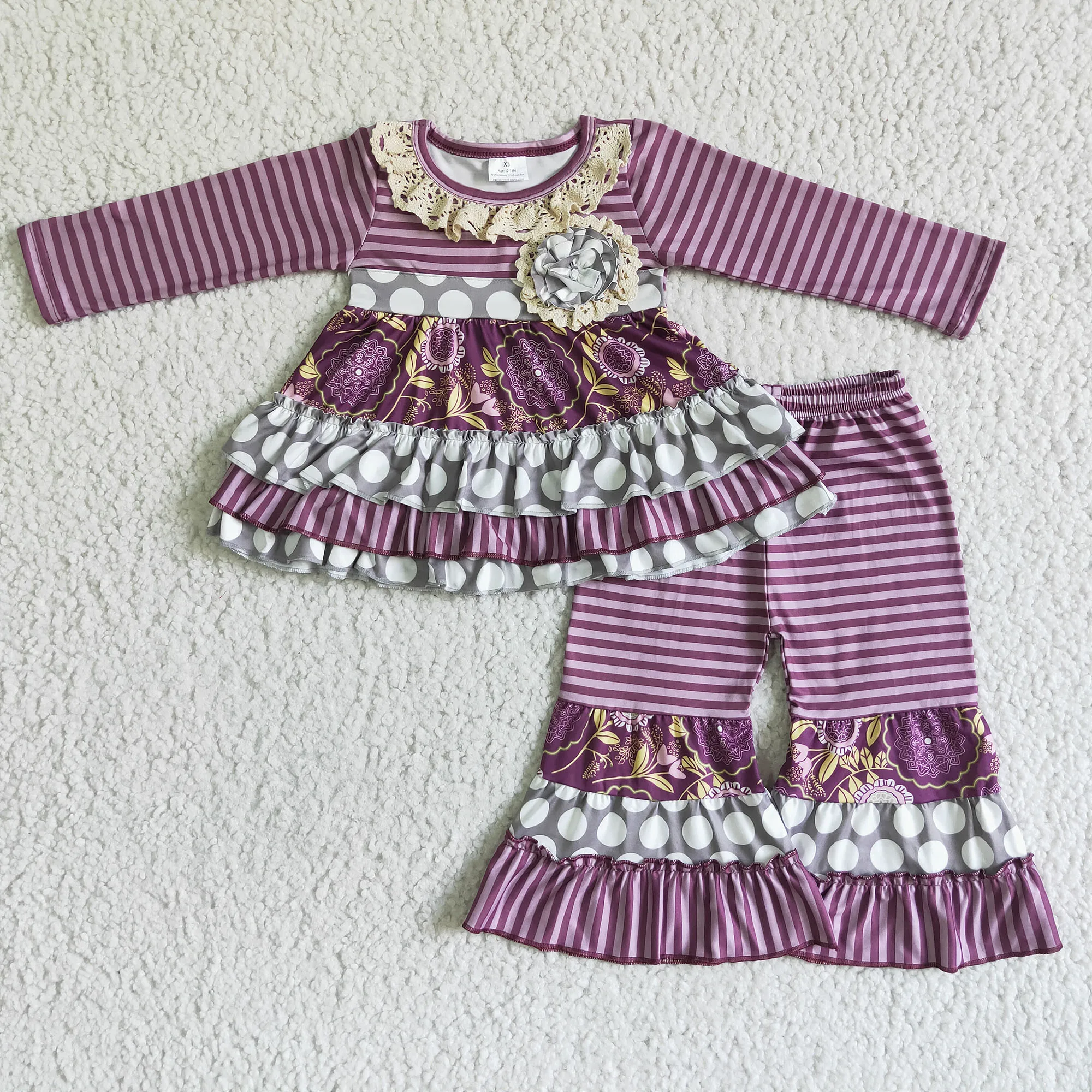 

RTS Kids Wear Sets Purple Stripes Dots Stripes Flower Baby Clothes Boutique Wholesale Bell Pants Sets Girls Clothing Sets