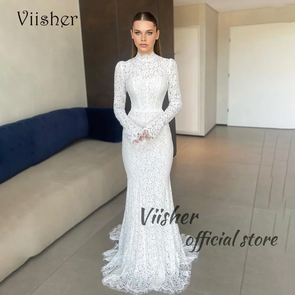 

Viisher Luxury Lace Appliques Mermaid Wedding Dresses Long Sleeve High Neck Israel Bride Dress Beach Wedding Bridal Gowns