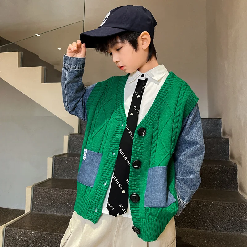 

Boys Knit Cardigan Autumn 2022 Long Sleeve Denim Patchwork Jacket for Boys Fashion All-match Casual Outerwear School Kids Coat
